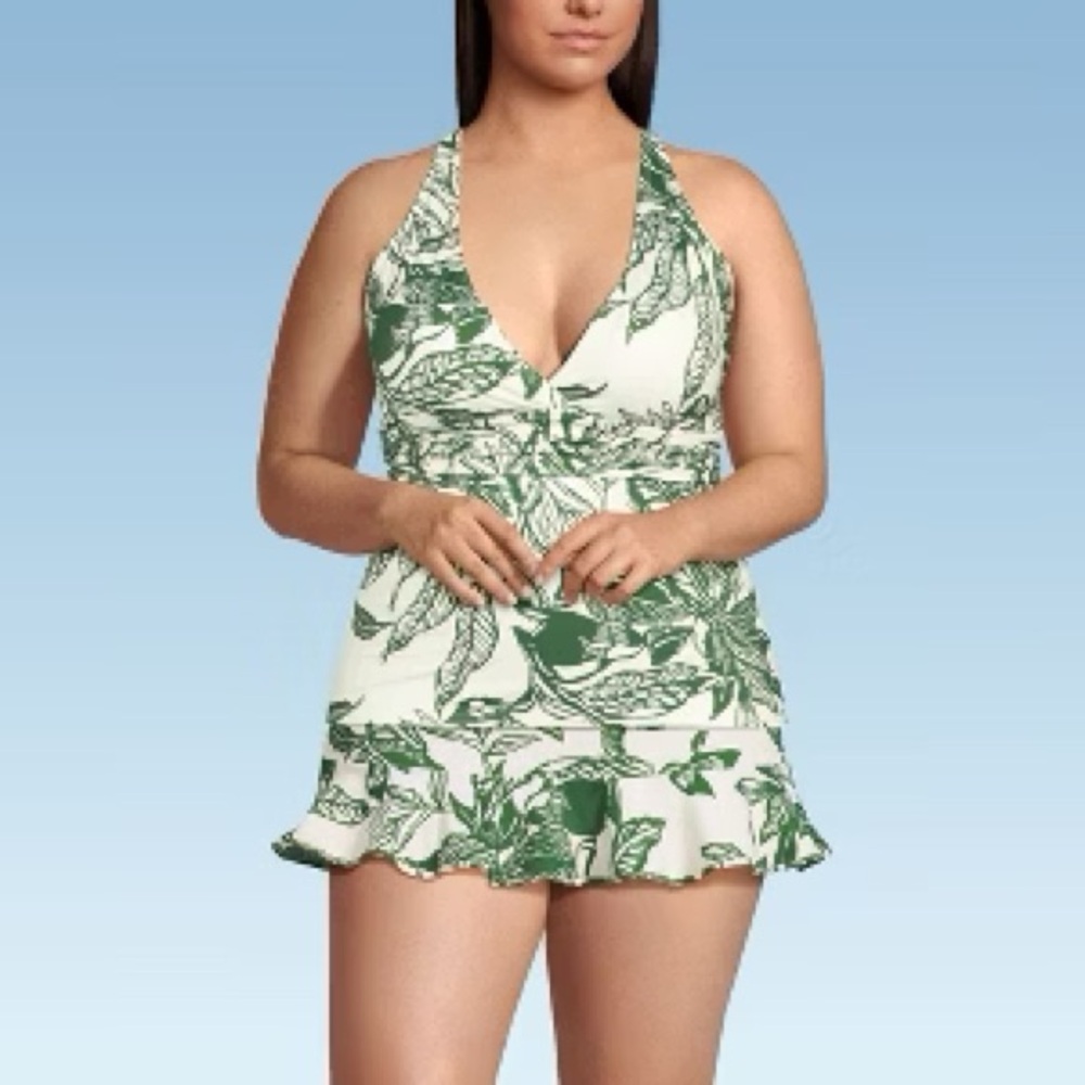 NWT Land's End plunge V-neck back tankini top egret green etched leaves 18 DD